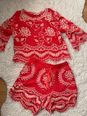 Solitaire Red Embroidered Floral Shorts Set